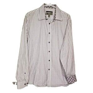 Jhane Barnes Mens XL White Purple Check Slim Fit Button Up Long Sleeve       T38